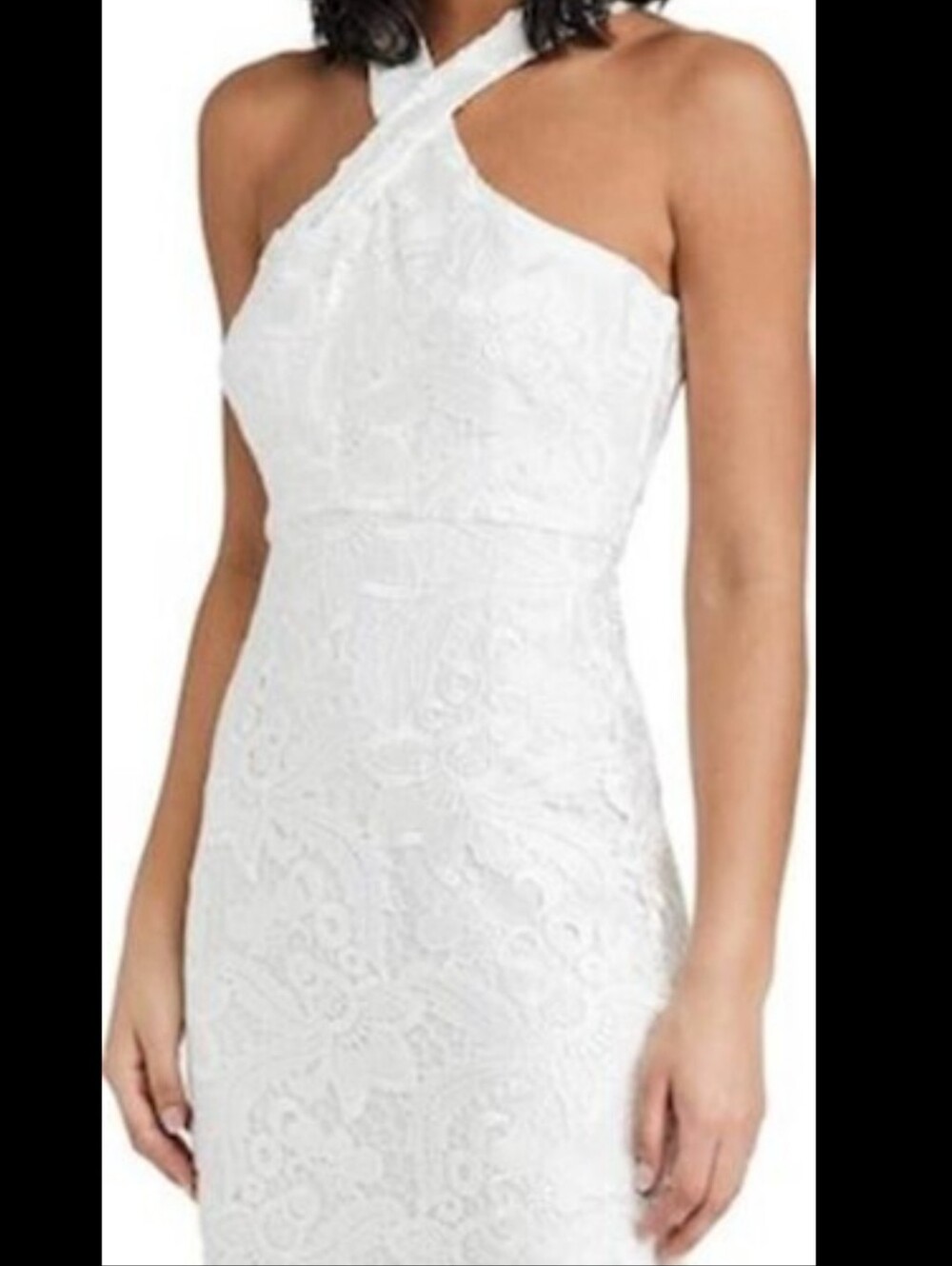 White Strapless Lace Sheath Dress with Cross-Neck Detail